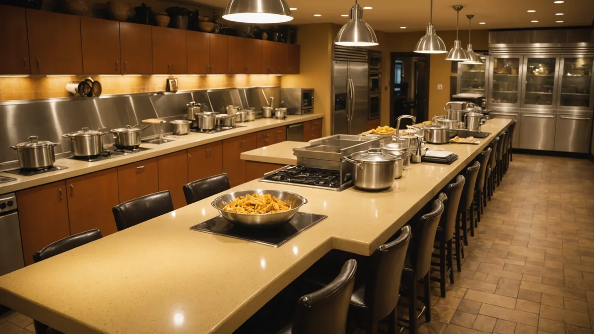 Restaurant counter with ringing phone concept — warm kitchen light